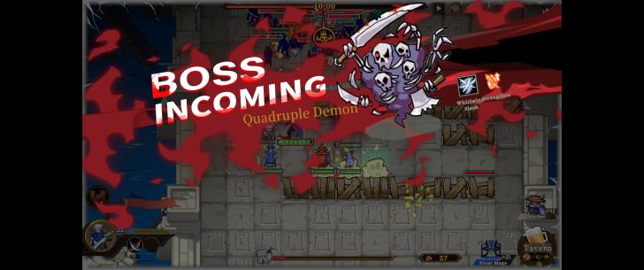 A game screen displays a warning with 'BOSS INCOMING' in bold red letters over an animated character labeled Quadruple Demon with action icons, set on a tactical grid background.