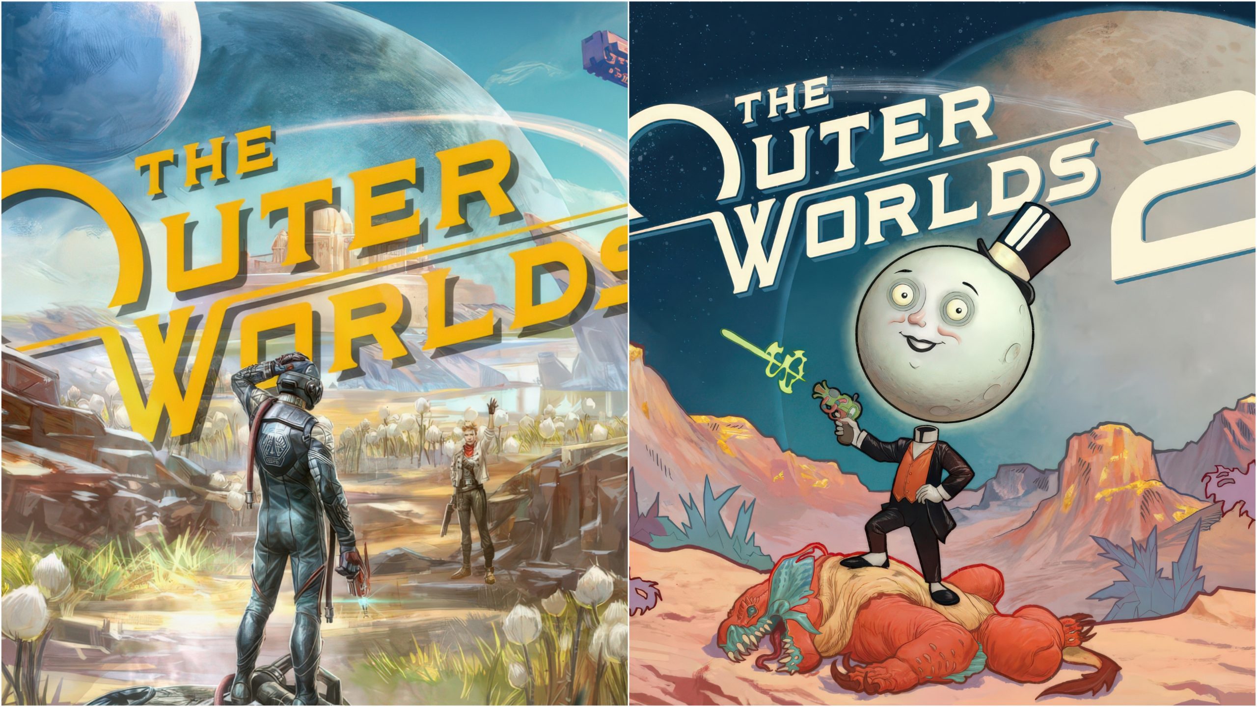 Covers of 'The Outer Worlds' and 'The Outer Worlds 2' featuring a character in a spacesuit and a cartoonish moon-headed character in a suit, respectively.