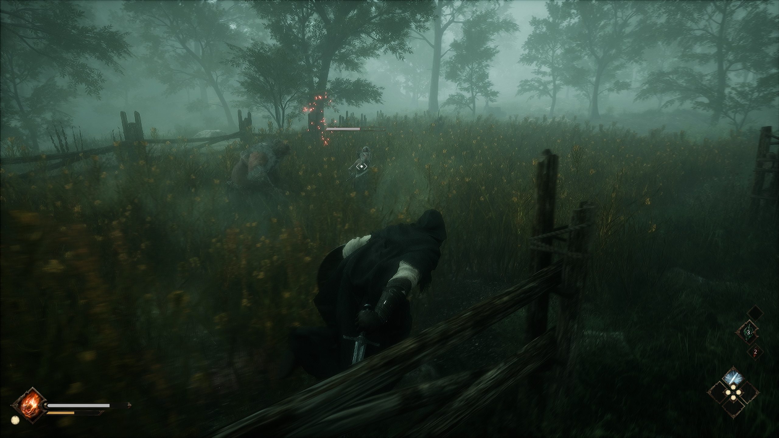A cloaked character in 'Lies of P' stealthily approaches an enemy in a foggy forest setting, with health and skill icons visible on the screen.