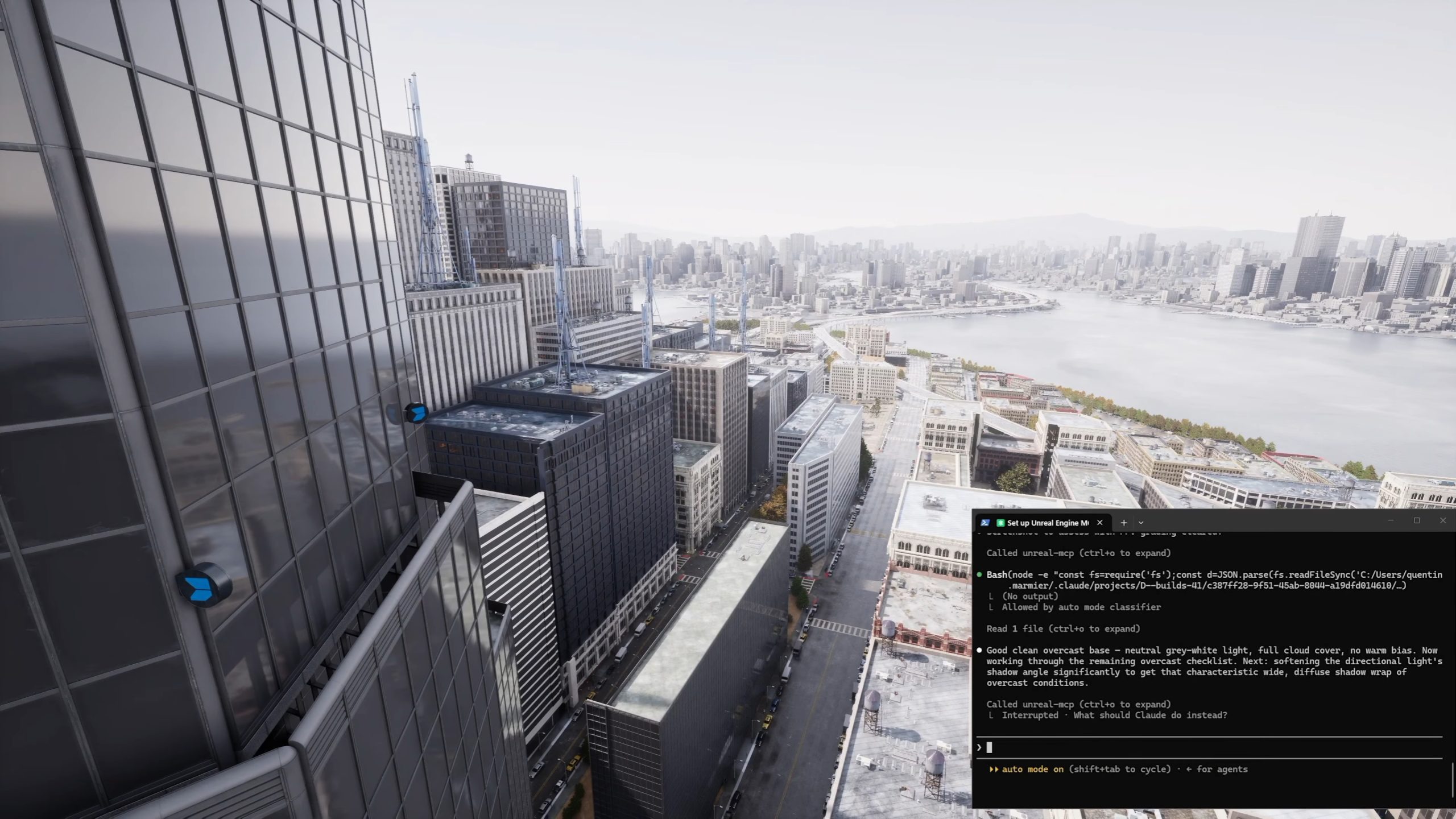 A cityscape rendering in Unreal Engine with code and editor menu visible at the bottom right of the screen.