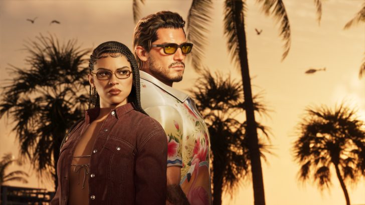 Two characters stand back-to-back in a tropical setting at sunset in the game 'Grand Theft Auto VI,' with palm trees silhouetted in the background.