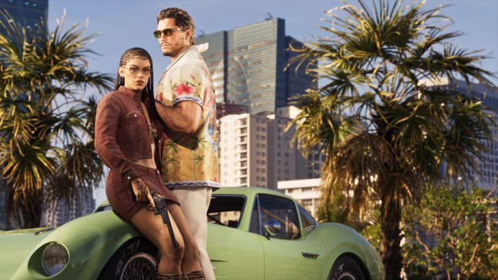 Characters in the game Grand Theft Auto VI stand beside a green sports car with a city skyline in the background.