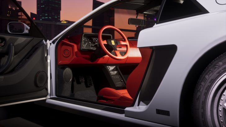 The image shows the interior of a vintage Ferrari car with a red steering wheel and dashboard, viewed through an open door against an urban skyline backdrop at dusk.