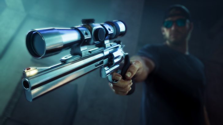 A man in sunglasses holds a revolver equipped with a scope, pointing forward in a dimly lit environment.