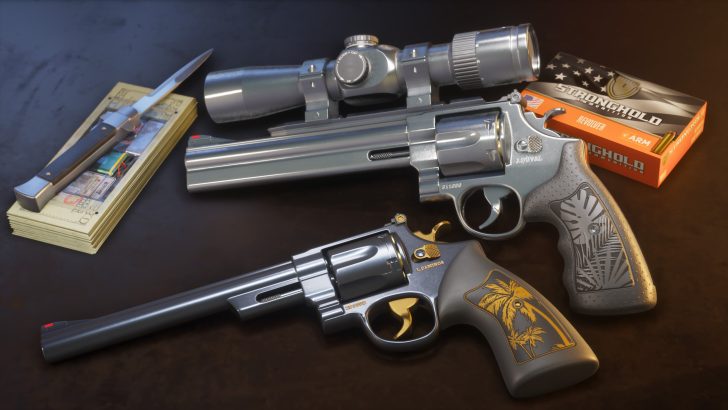 Two detailed revolvers with engravings and a knife on a stack of currency next to a box labeled 'Stronghold Ammunition.'