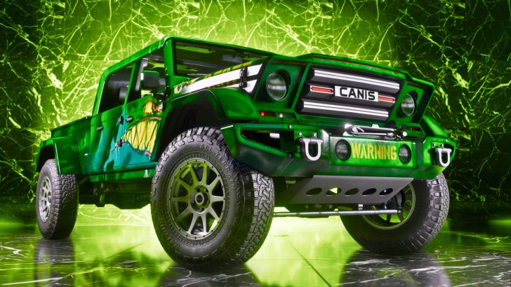 A green off-road vehicle with 'CANIS' on the front grille and 'WARNING' on the bumper is displayed against a green, electrified background.