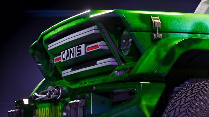 A close-up of a green off-road vehicle's front grill featuring the brand name CANIS in a video game.
