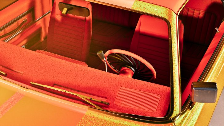 A close-up view of the interior of a vintage car with a red textured dashboard and steering wheel, visible through the passenger-side window, with a manual gear shift lever.