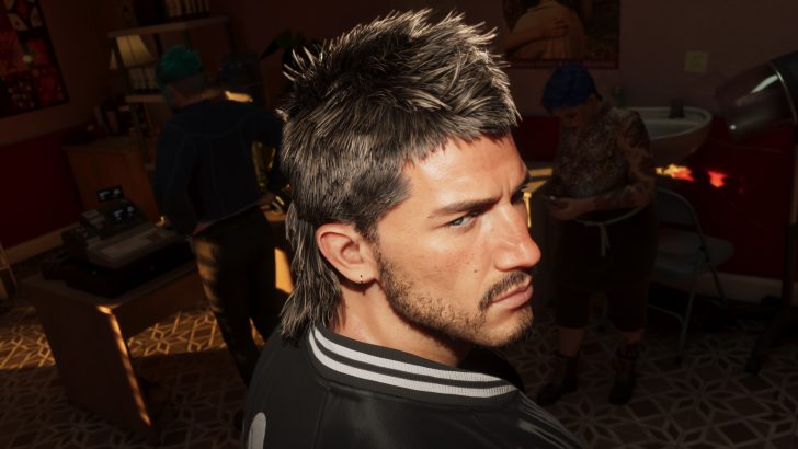 A character in the video game 'Cyberpunk 2077' with a mullet hairstyle is in a room with two other characters, one with green hair and the other with blue.