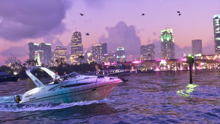 A boat labeled Squalo VB 0522-05 moves through water with a city skyline lit in neon colors during dusk, featuring palm trees and a bridge.