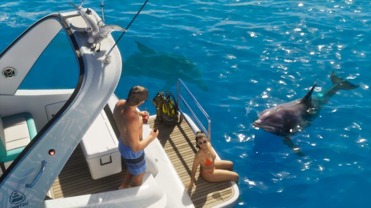 A man and woman on a yacht by Shitzu, with scuba tanks on deck, smiling at a dolphin swimming nearby in clear blue water.