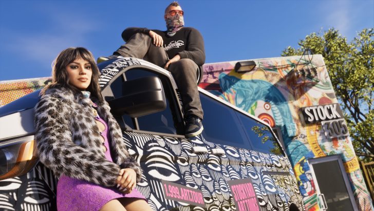 A character from the game Saints Row stands in front of a heavily patterned van, with another character sitting on the hood, against a graffiti-covered building.