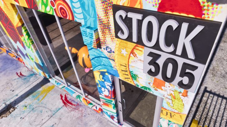 A colorful storefront with art-covered walls and a sign reading 'STOCK 305.'