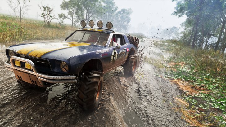 A rugged, modified muscle car with large tires drives through a muddy off-road track, splashing dirt and water, with the number '6' visible on its body.