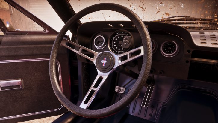 A detailed view of a classic car's interior with a leather-textured steering wheel featuring a central logo and a dashboard displaying gauges, including a speedometer marked in MPH.