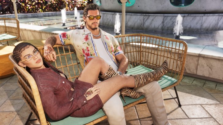 A character in 'Grand Theft Auto V' relaxing on a wicker chair by a fountain, wearing a floral shirt and sunglasses, next to another character in a red denim outfit and zebra-print boots.