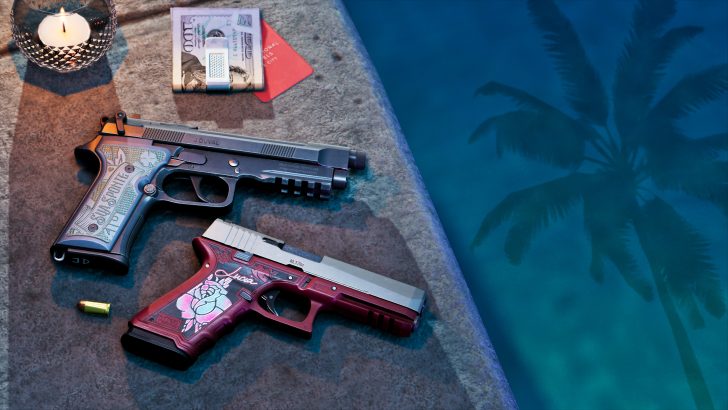 Two intricately engraved pistols with custom grips, one labeled J.Duval and the other Juan, are placed on a surface near money, a credit card, and a bullet by a pool reflecting a palm tree.