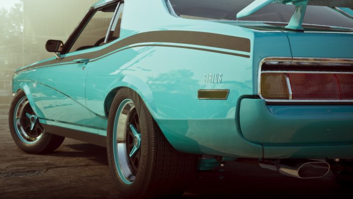 A close-up rear view of a turquoise car with 'Sirius' text on the side, featuring a retro design, visible tire tread, and rear spoiler.