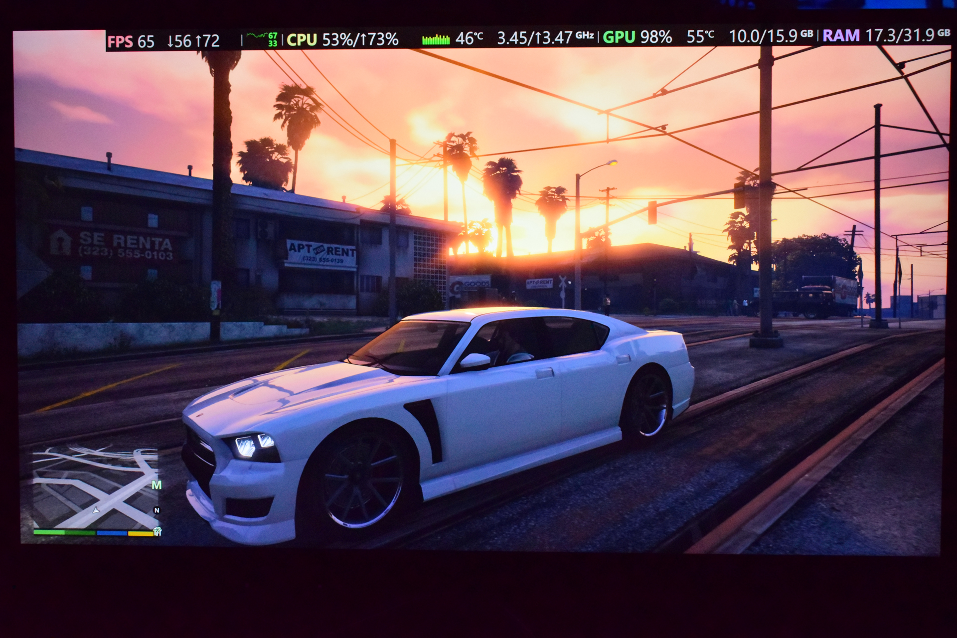 A scene from 'Grand Theft Auto V' showing a white car on city streets at sunset with on-screen stats indicating 'FPS 65,' 'CPU 53%/173%' usage, and 'GPU 98%' usage.