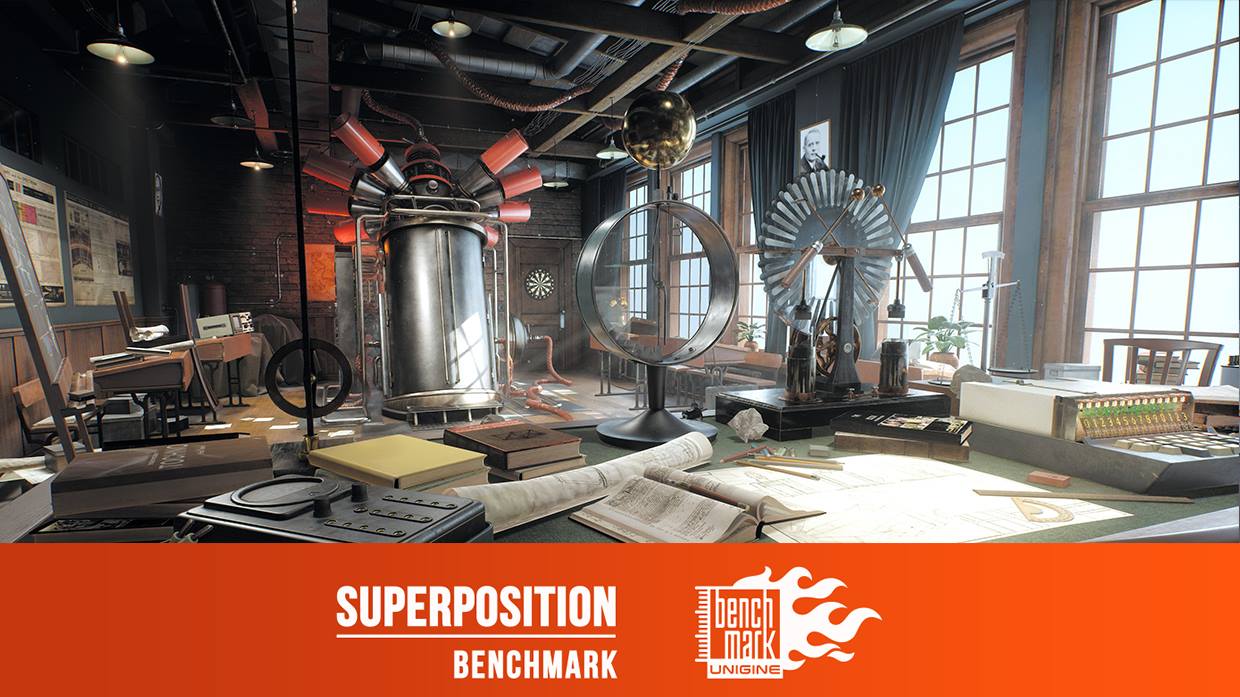 A detailed laboratory scene from the 'Superposition Benchmark' by Unigine features various scientific instruments and equipment on tables.