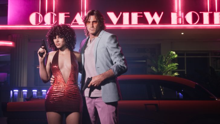 A man and woman holding guns stand in front of a neon-lit sign reading 'Ocean View Hotel' with a classic car parked behind them.