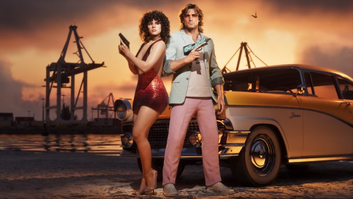 Two characters from a game stand confidently with firearms beside a vintage car labeled Stanier, against a backdrop of cranes at sunset.