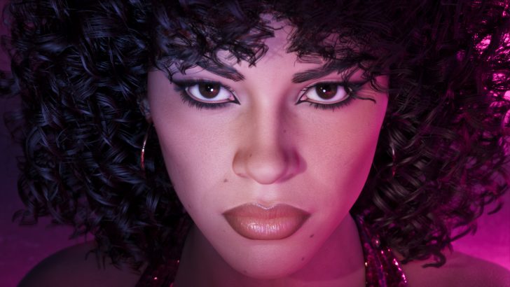 A close-up of a character from the game 'Alan Wake 2' with curly hair and intense eyes, under purple lighting.