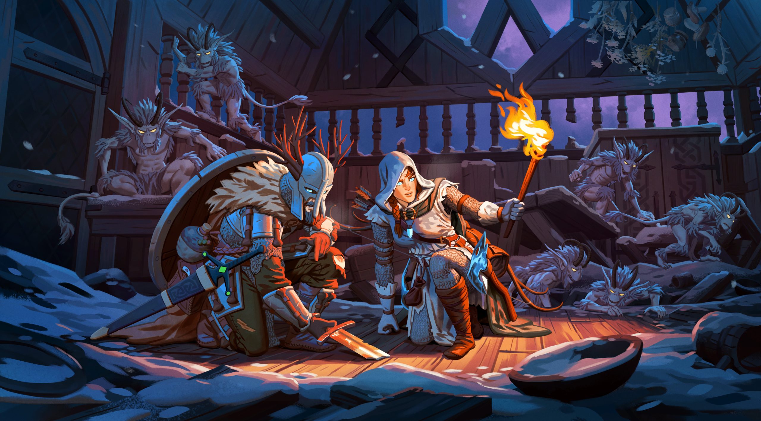 Two characters in medieval attire crouch inside a snowy wooden building, with one holding a torch and both surrounded by lurking goblin-like creatures.