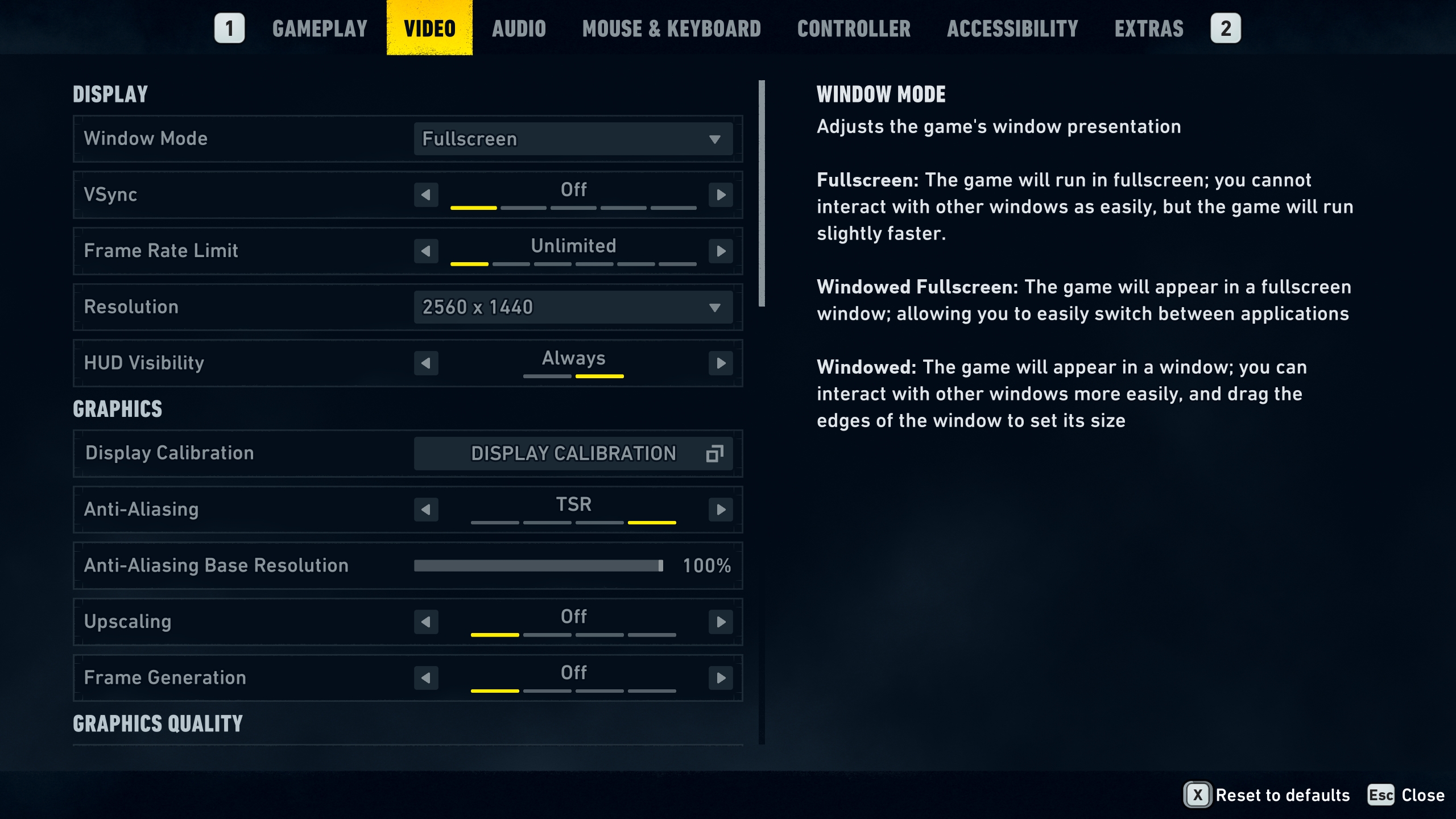 The game's video settings menu shows options for display and graphics, including 'Window Mode' set to 'Fullscreen,' 'VSync' off, 'Frame Rate Limit' as 'Unlimited,' and 'Resolution' at '2560 x 1440.'