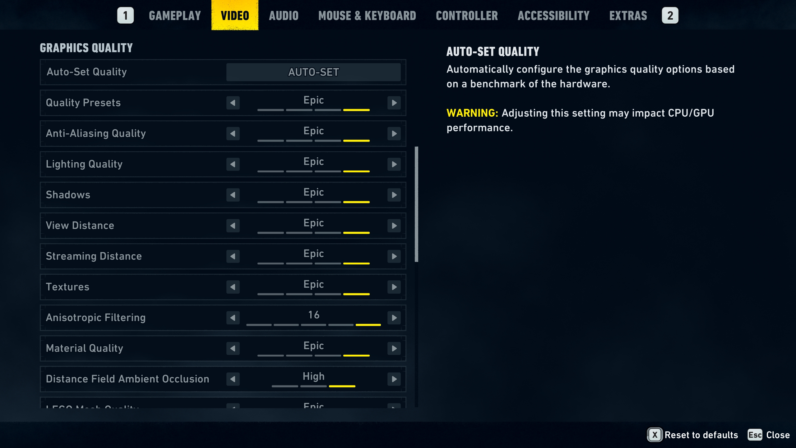 The 'Video' settings menu in a game shows various graphics quality options set to 'Epic,' including anti-aliasing, lighting, shadows, and view distance, with a warning about CPU/GPU performance impact.
