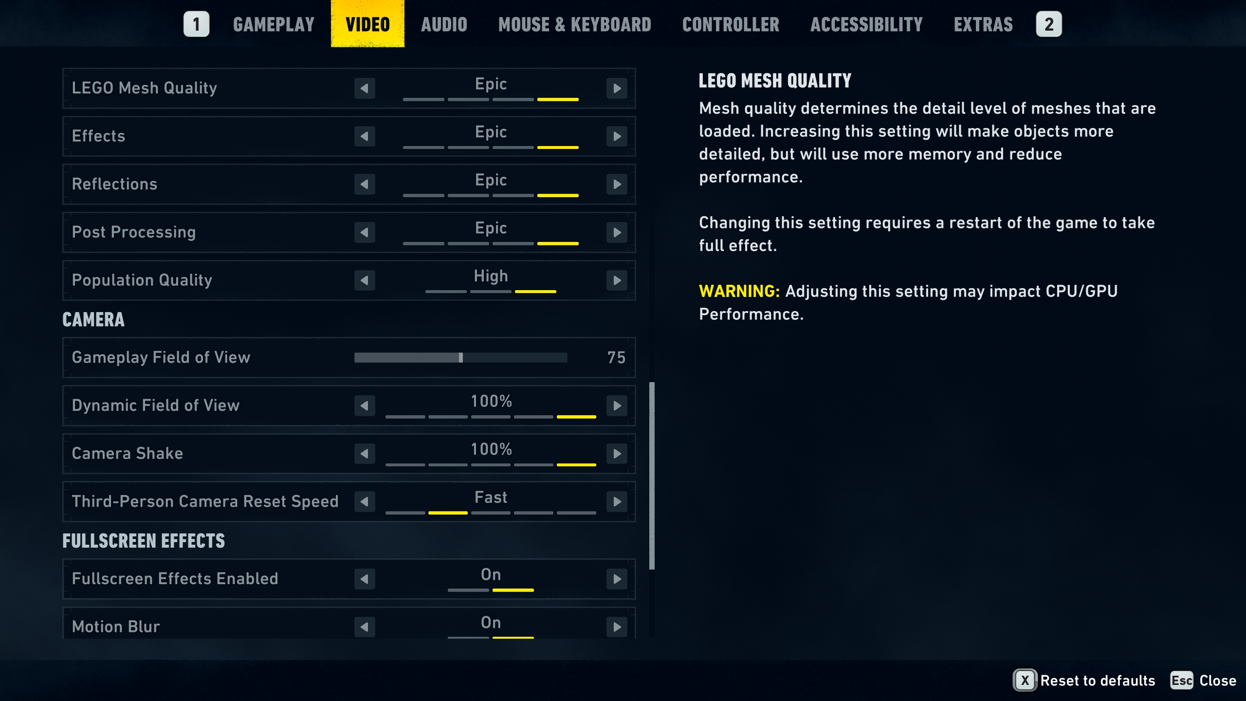 A video settings menu for a game shows options like 'LEGO Mesh Quality' set to 'Epic,' with a warning about impacting CPU/GPU performance.