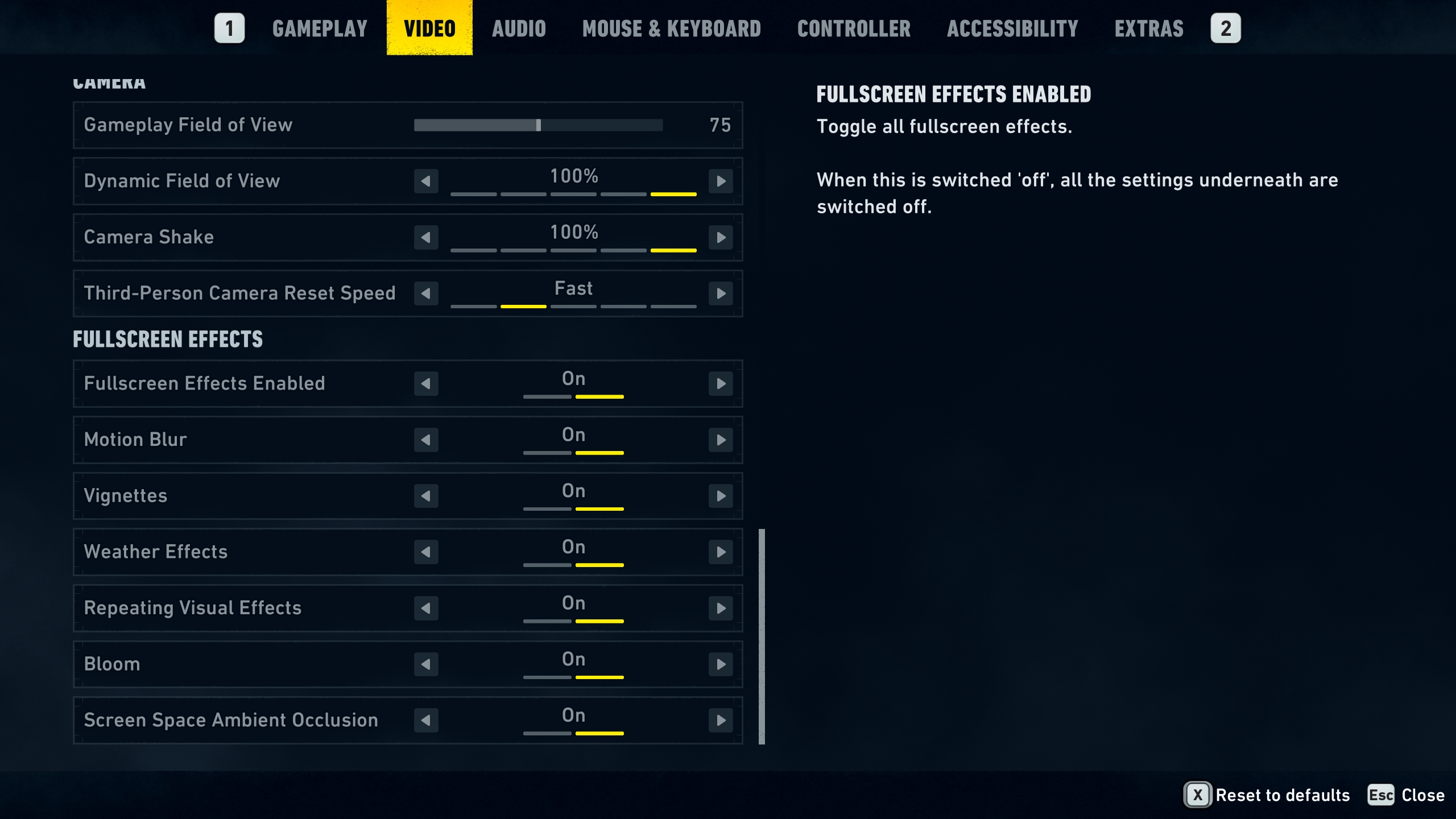 A video settings menu with options like 'Fullscreen Effects Enabled,' 'Gameplay Field of View' set to 75, and all fullscreen effects, including motion blur, set to 'On.'
