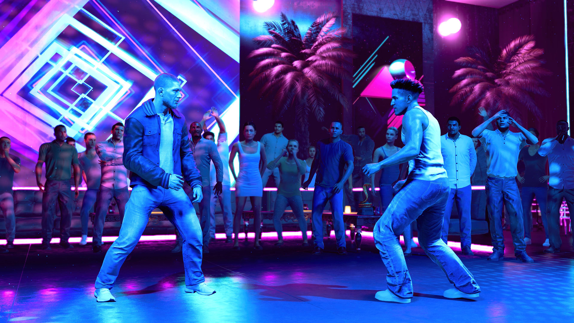 Two characters from 'Grand Theft Auto V' are engaged in a fight inside a neon-lit club, surrounded by a crowd of onlookers.