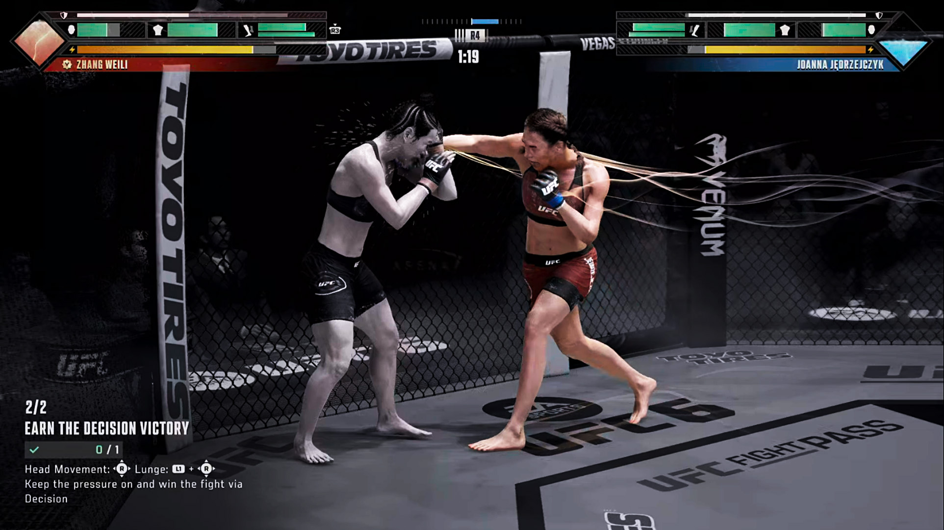 In the game 'UFC 6' Zhang Weili and Joanna Jędrzejczyk are engaged in a fight, with Zhang delivering a punch while the screen displays health bars at the top and an objective to 'Earn the Decision Victory' at the bottom.