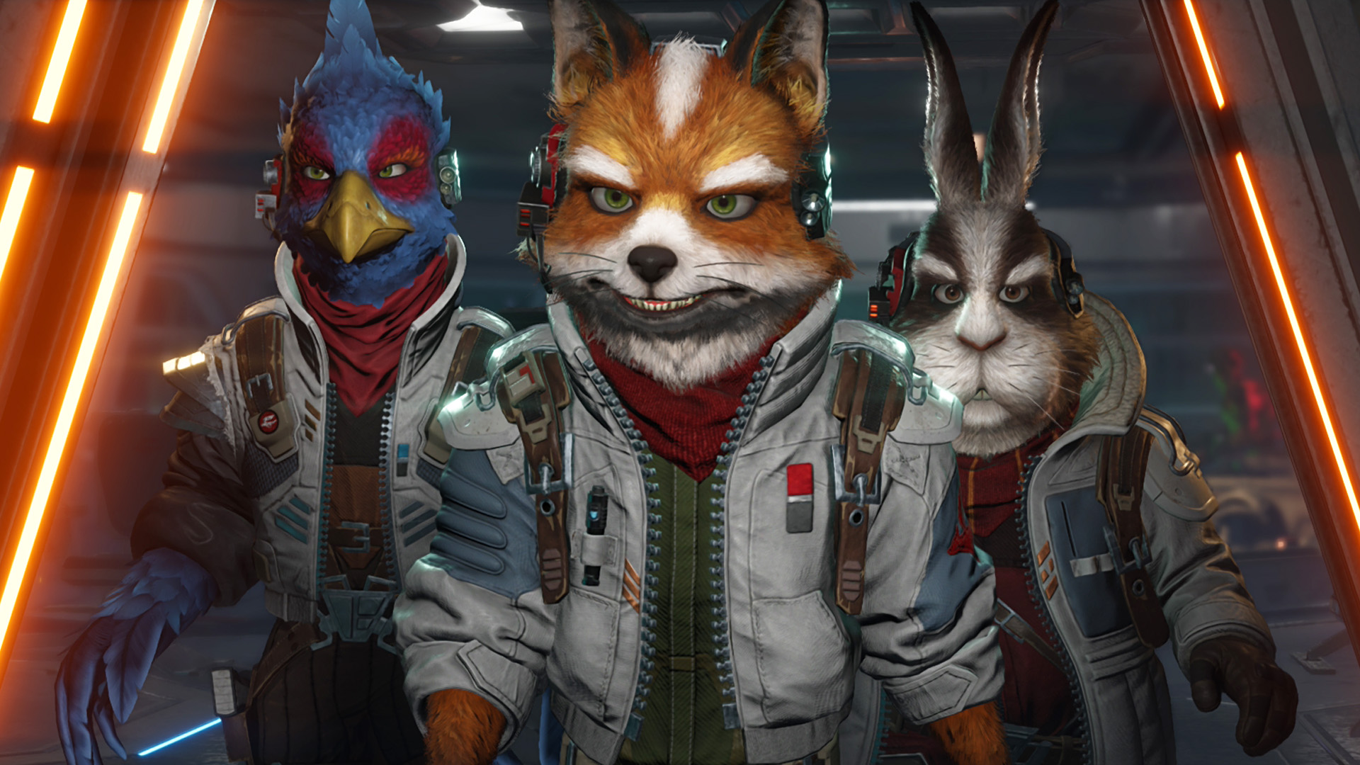 Three anthropomorphic characters from Star Fox with futuristic headsets and uniforms stand in a sci-fi setting.