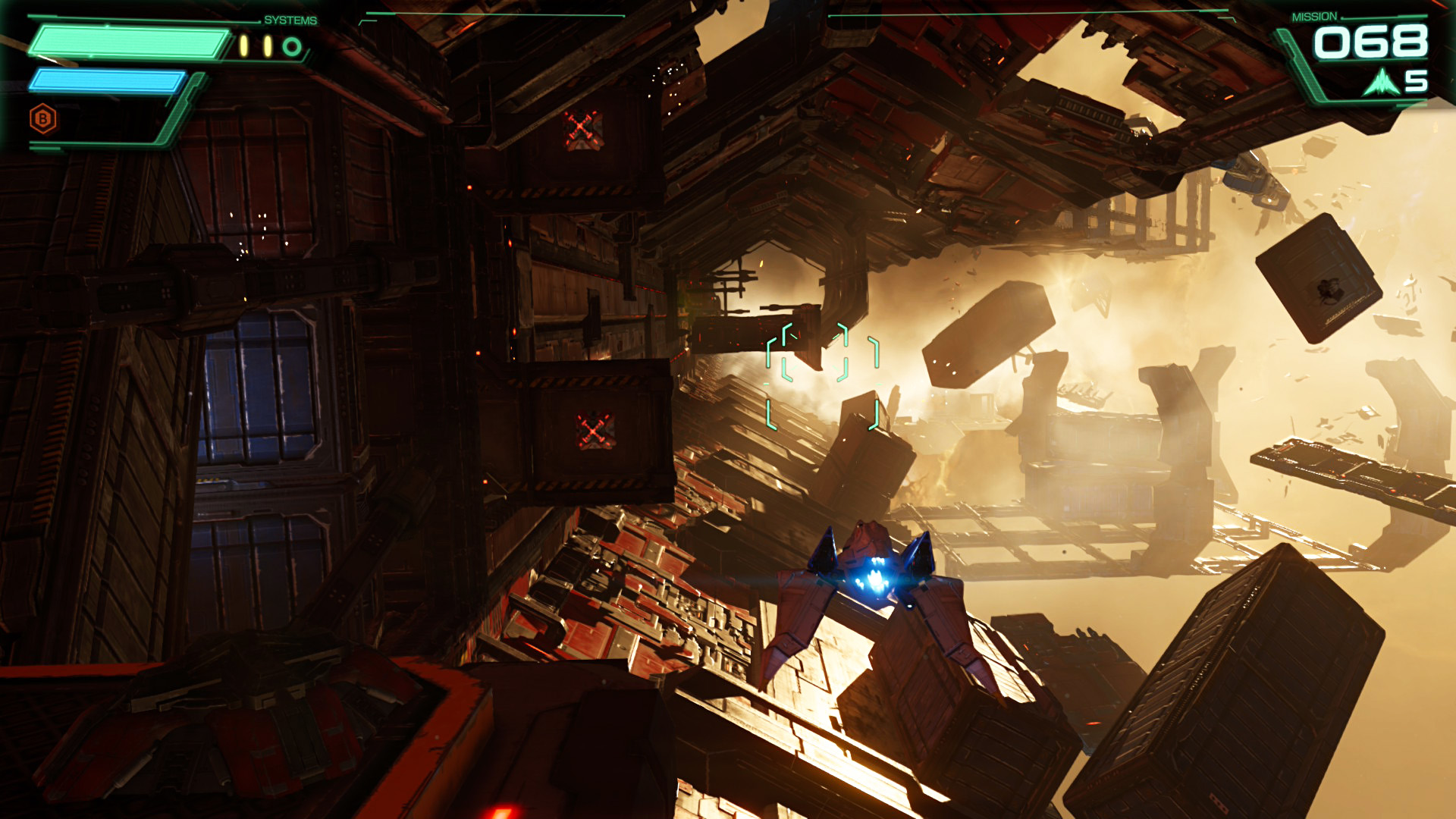 A spaceship navigates through a debris-filled space environment in a game, with UI elements showing 'SYSTEMS' and 'MISSION 068' in the top corners.
