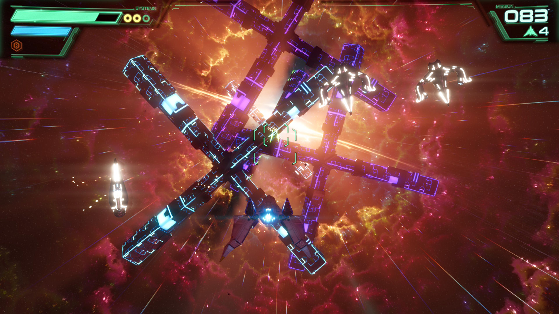 A spaceship navigates through a neon-lit structure in a vibrant space setting with a user interface showing 'MISSION 083' and the number '4'.