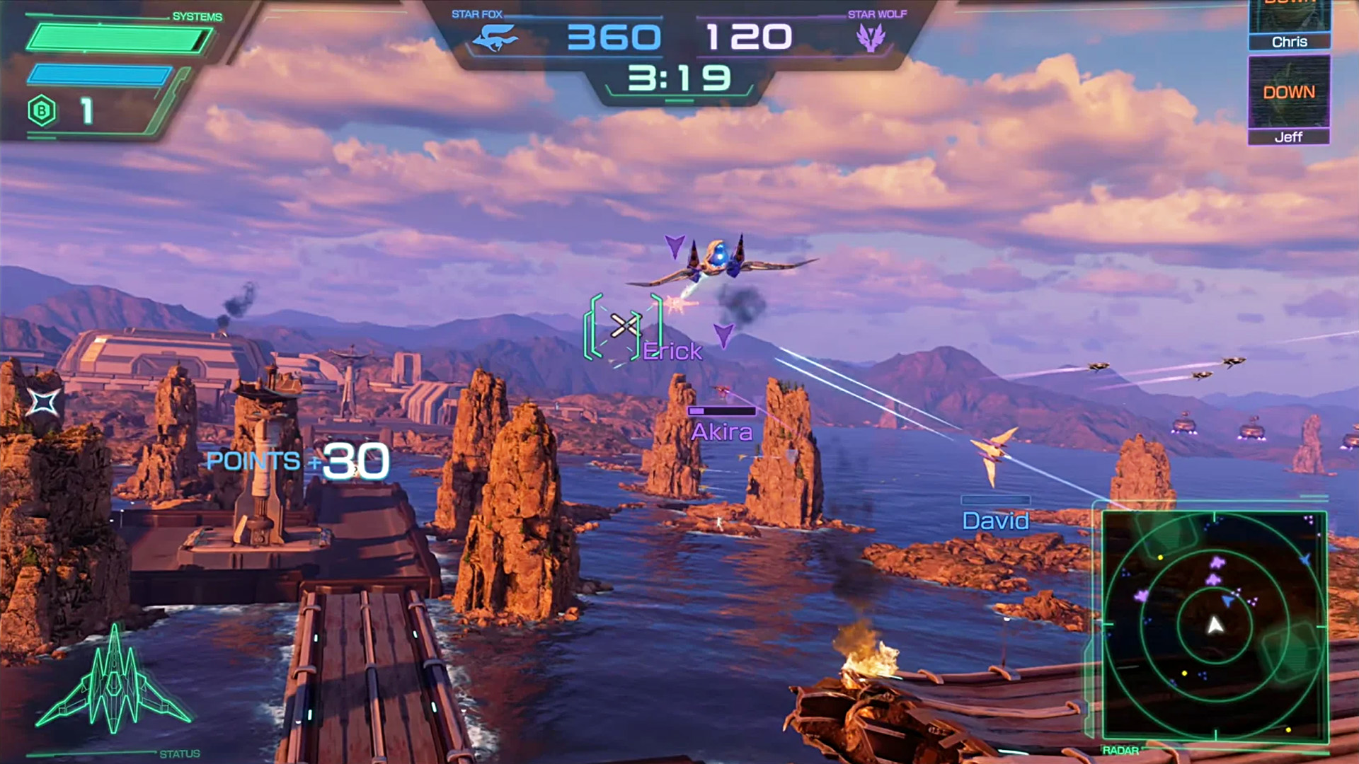 A combat scene from 'Star Fox' showing an Arwing spacecraft scoring 'POINTS +30' while engaging multiple enemies over a mountainous landscape.