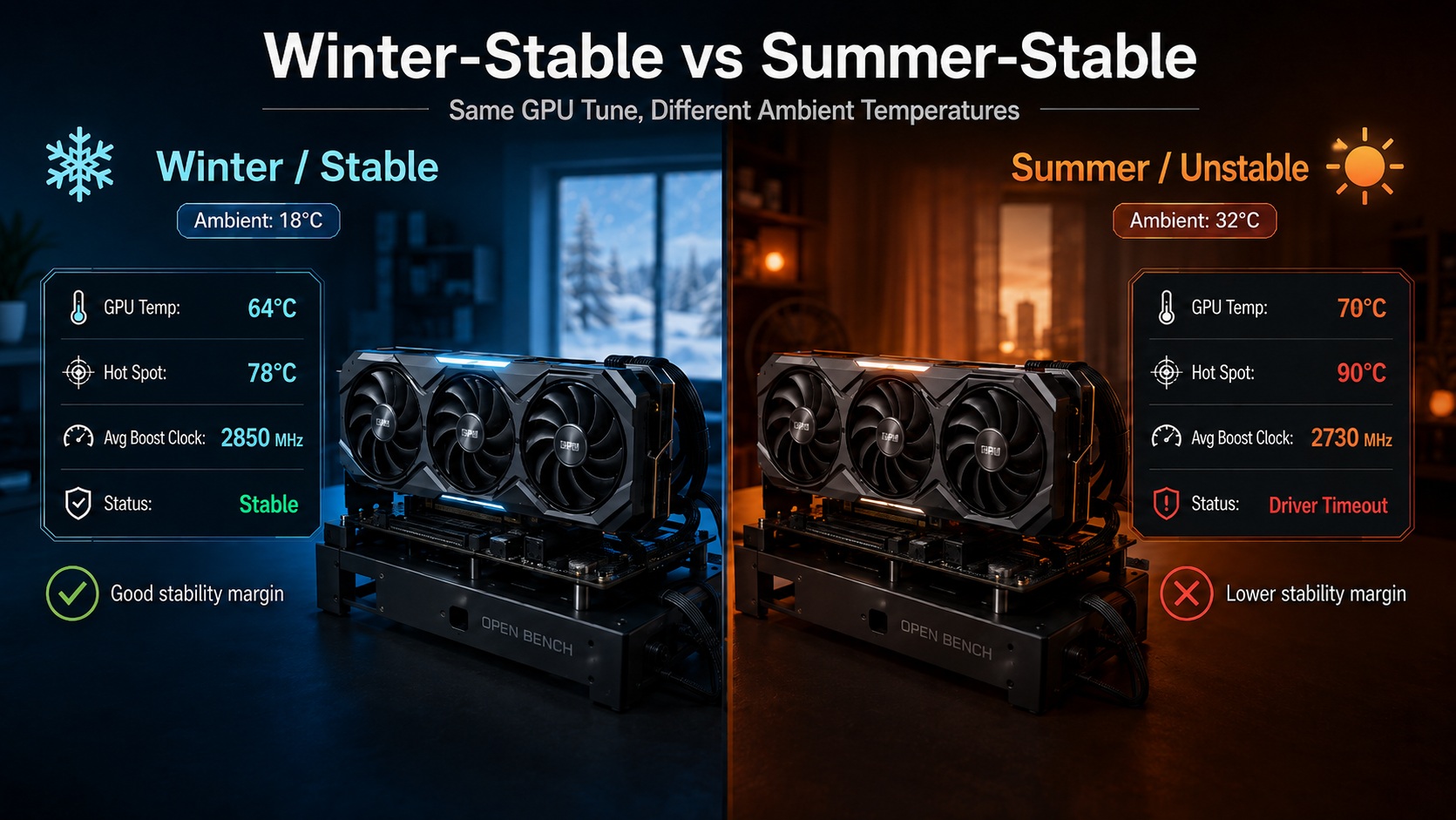 A split image compares 'Winter-Stable' with 'Summer-Stable' environments, showing a GPU on an open bench; in winter, the GPU temperature is 64°C with a stable status, while in summer, it reaches 70°C with a 'Driver Timeout' status.
