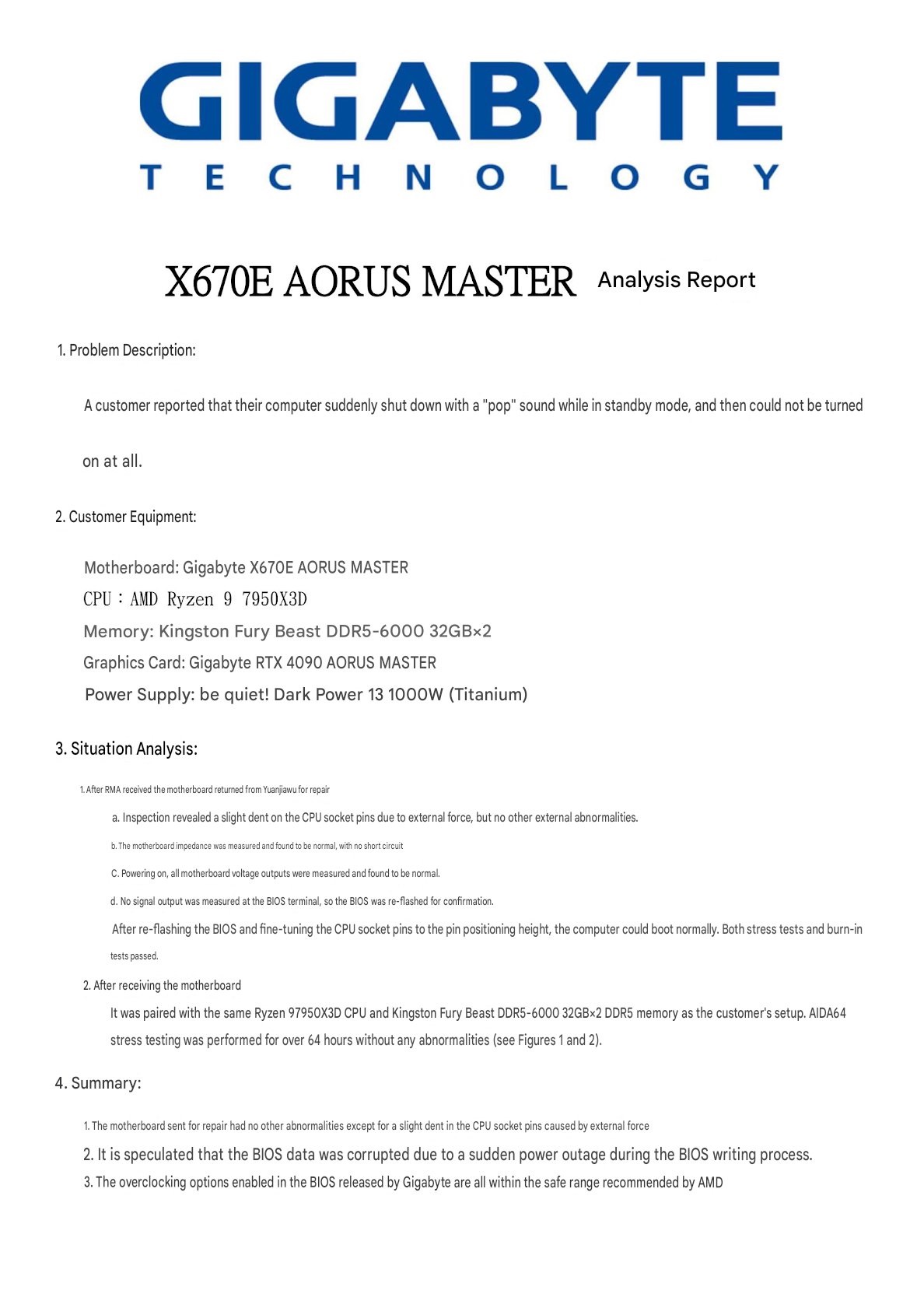 A report titled 'X670E AORUS MASTER Analysis Report' from Gigabyte details a customer's issue with a sudden shutdown due to a dent in the CPU socket pins and BIOS corruption during the writing process.