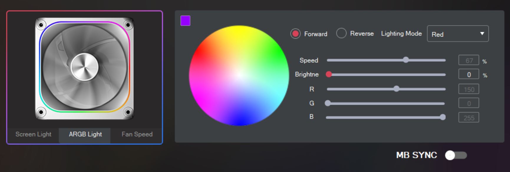 A software interface shows options for controlling an ARGB fan's light and speed, with a color wheel, and settings like 'Lighting Mode' set to 'Red,' 'Speed' at 67%, and 'MB SYNC' enabled.