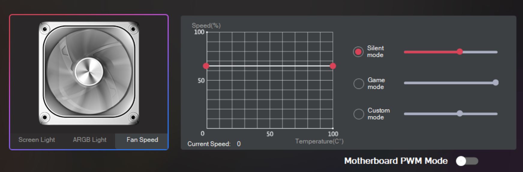 A software interface displays a fan control panel with a RPM fan image on the left and a graph showing 'Silent mode' selected, with speed and temperature sliders on the right.