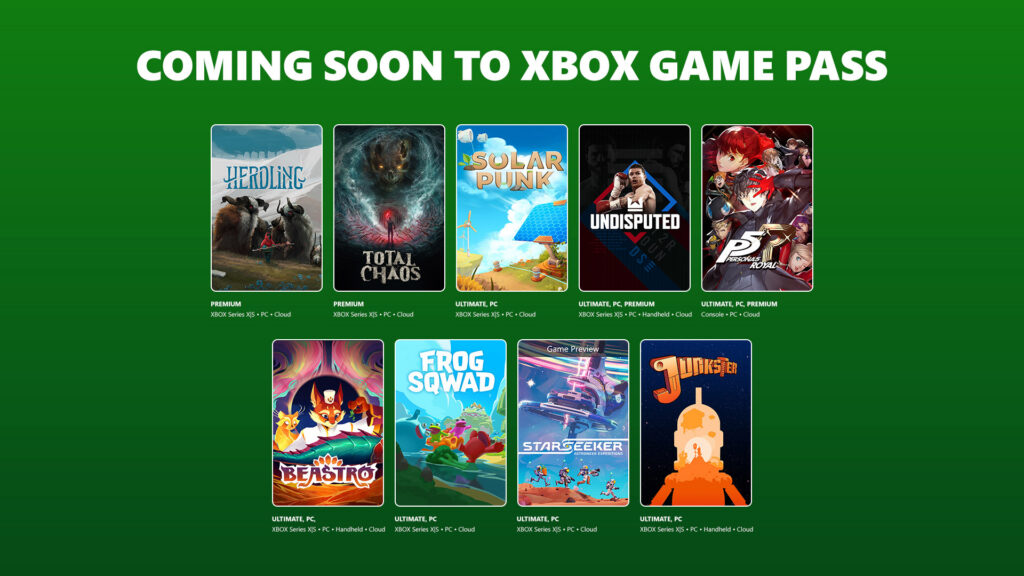 A promotional display of games including Herdling, Total Chaos, Solar Punk, Undisputed, Persona 5 Royal, Beastro, Frog Squad, StarSeeker, and Junker under 'Coming Soon to Xbox Game Pass'.