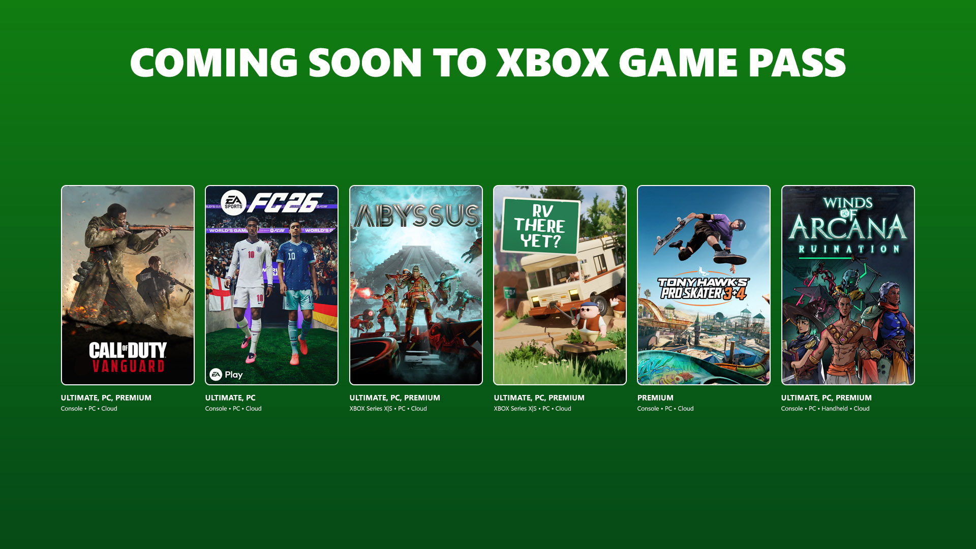 Games like 'Call of Duty: Vanguard,' 'EA Sports FC 24,' 'Abyssus,' 'RV There Yet?,' 'Tony Hawk's Pro Skater 3+4,' and 'Winds of Arcana: Ruination' are shown under the text 'Coming Soon to Xbox Game Pass' on a green background.