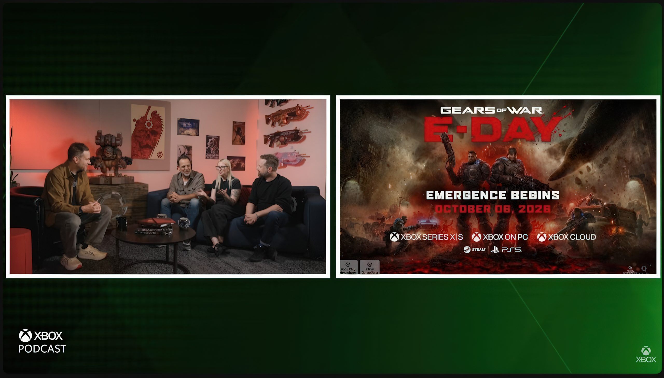 A group of people sit discussing in an 'Xbox Podcast' panel setting beside a promotional poster for 'Gears of War E-Day' with the text 'Emergence Begins October 06, 2028' and platform logos including Xbox Series X|S, Xbox on PC, Xbox Cloud, Steam, and PS5.