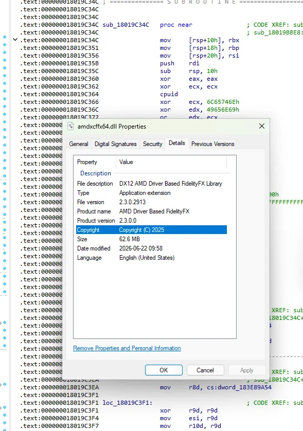 A properties window for 'amdcfxfx64.dll' shows details of the 'DX12 AMD Driver Based FidelityFX Library', with a file version '2.3.0.2913', product version '2.3.0.0', and a copyright date of 2025.