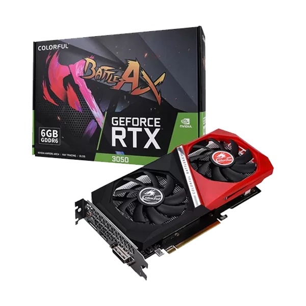 A Colorful GeForce RTX 3050 BattleAx graphics card with 6GB GDDR6 memory is placed next to its packaging.