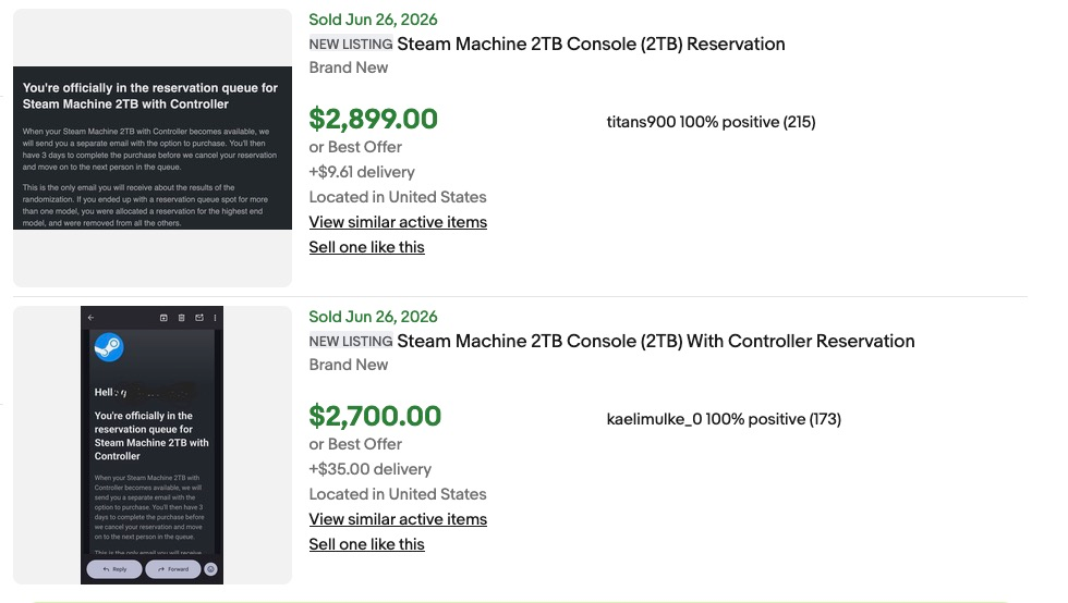 An eBay listing for a Steam Machine 2TB Console (2TB) Reservation shows a sale price of $2,899.00 with a reservation email stating 'You're officially in the reservation queue for Steam Machine 2TB with Controller.'