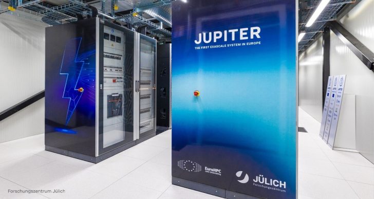 A server room with a large machine labeled 'JUPITER THE FIRST EXASCALE SYSTEM IN EUROPE,' featuring logos for EuroHPC and Jülich Forschungszentrum.
