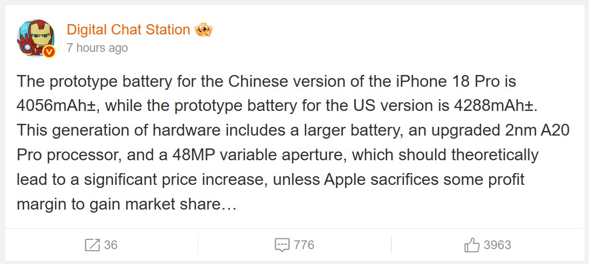 iPhone 18 Pro to receive a minor battery capacity bump over iPhone 17 Pro